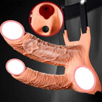 Подвійний порожнистий страпон з вібрацією "Lovetoy Vibrating Unisex Hollow Strap On" 10 режимів - Тілесний